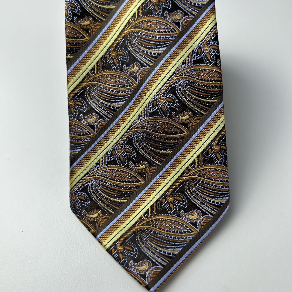 Bill Robinson Mens Paisley Stripe Tie Brown Gold Blue Formal Necktie - Picture 3 of 11
